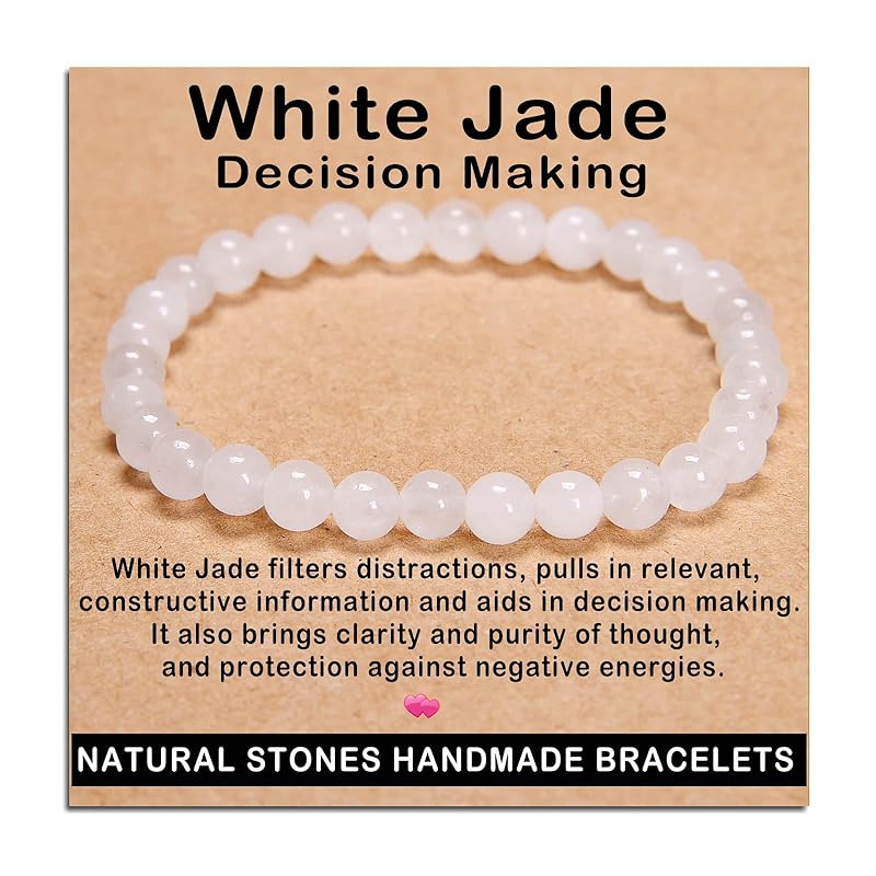 AD Beads Handmade Gemstone Stretch Elastic Bracelet Crystal Healing Reiki Nature's Beauty and Spiritual Essence Unisex (8mm, White Jade (Decision Making))