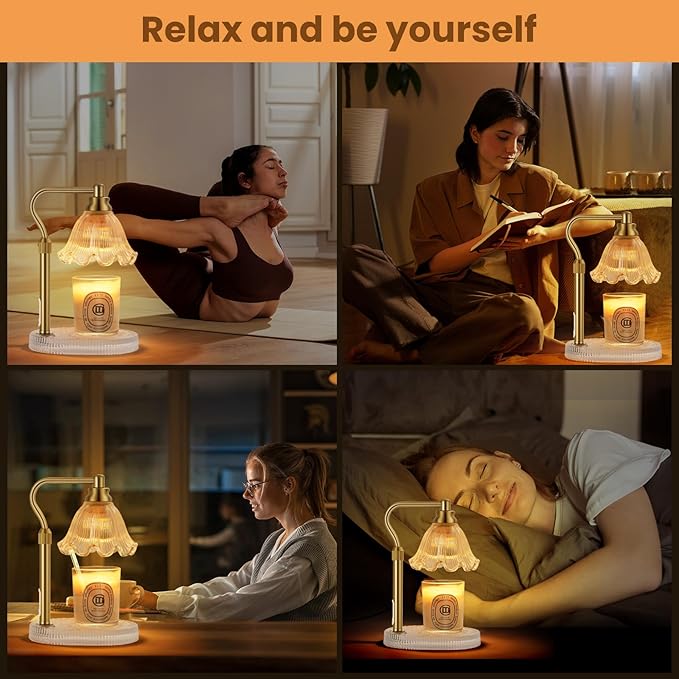 Candle Warmer Lamp with Timer,Electric Candle Warmer,Glass Base with Anti Slip Pads,Dimmable,Adjustable Height,Wax Warmer Lamp,Glass Lampshade,Vintage Home Decor (Flower)