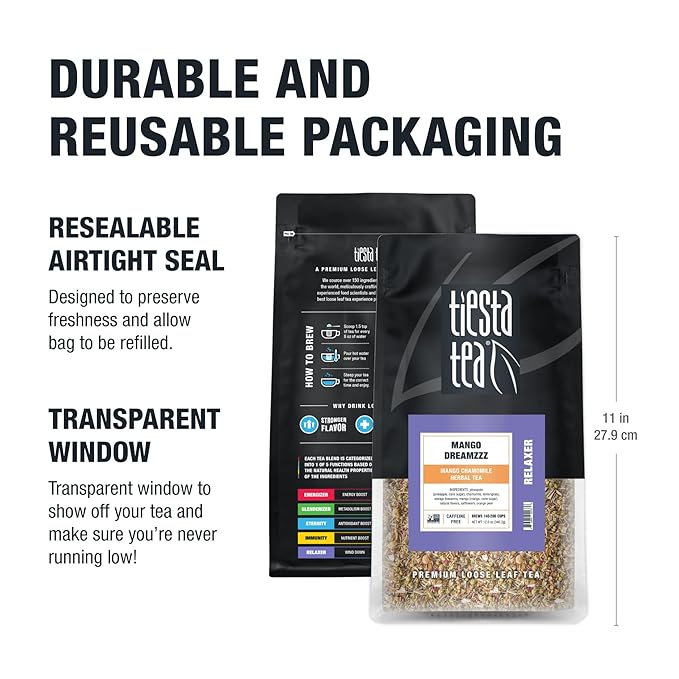 Tiesta Tea - Mango Dreamzzz Chamomile Loose Leaf Herbal Tea, Relaxing Chamomile & Lemongrass Blend, Caffeine-Free, Brew Hot or Iced, Makes Up to 200 Cups, Resealable Bulk Pouch, 12 Ounce