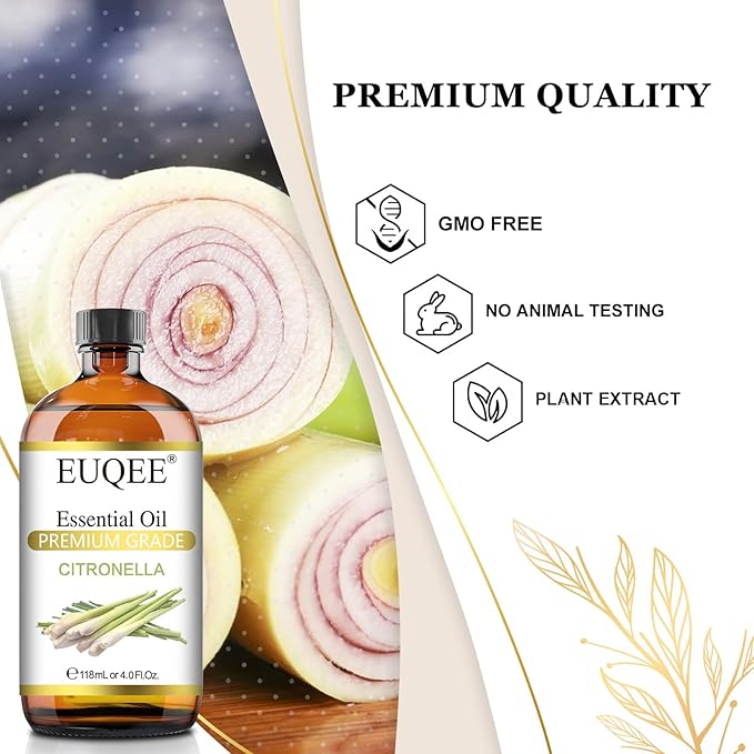 EUQEE Citronella Essential Oil, 118ml Large Gift Box Pure Citronella Oil with Glass Dropper for Candle Making, Diffuser, Humidifier - 4 fl oz.
