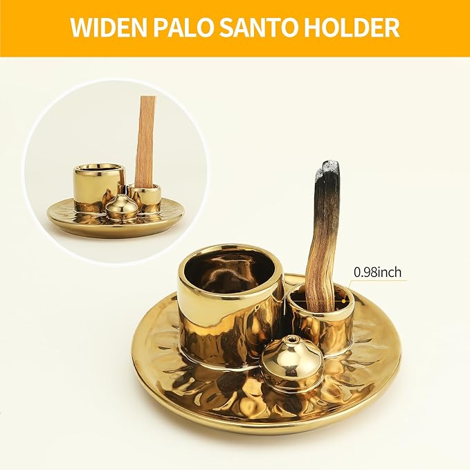 Handmade Ceramic Incense Burner for Palo Santo Incense Sticks, 4 in 1 Multi-Purpose Sage Holder for Burning, Ash Catcher Tray for Meditation Yoga Room (Golden)