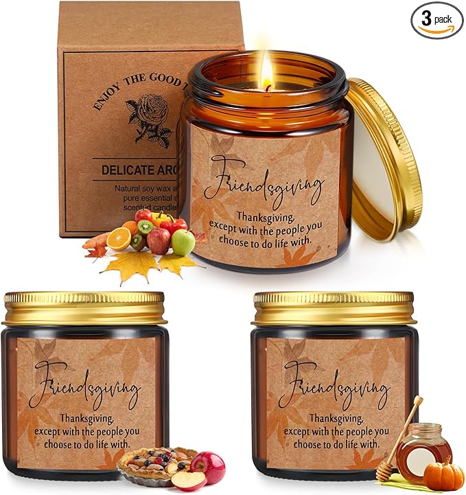 3 Pcs Thanksgiving Gifts Fall Scented Candles Set 3.5 Oz Soy Wax Pumpkin Scented Glass Jar Candle Friendsgiving Gift for Friends Coworker Women Men Autumn Birthday (Amber)
