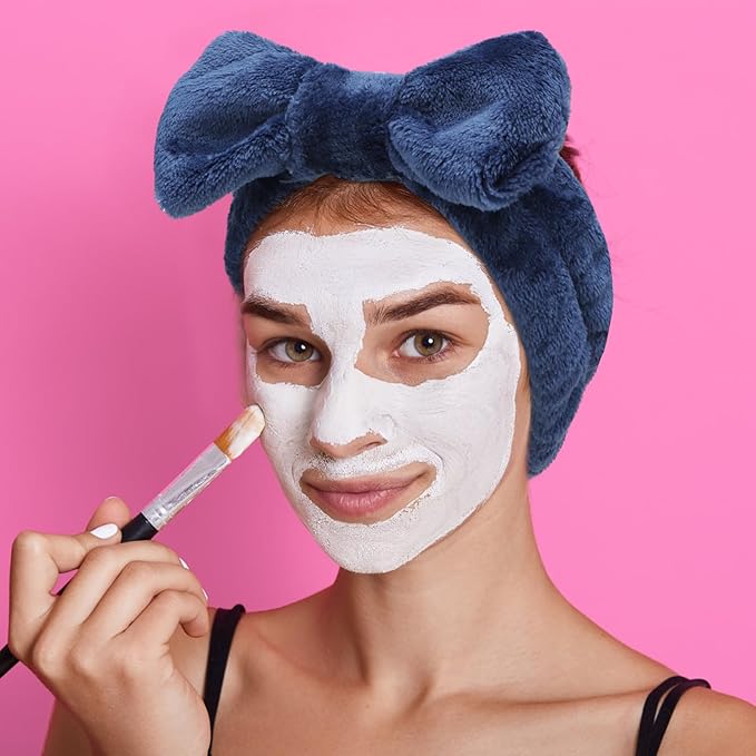 VELSCRUN 6 Pack Spa Headband, Makeup Headband, Face Wash Headbands, Skincare Headbands, Navy Blue Sponge Hair Band Bow Tie Spa Head Band for Washing Face Wristband Set Women Girls Hair Accessories