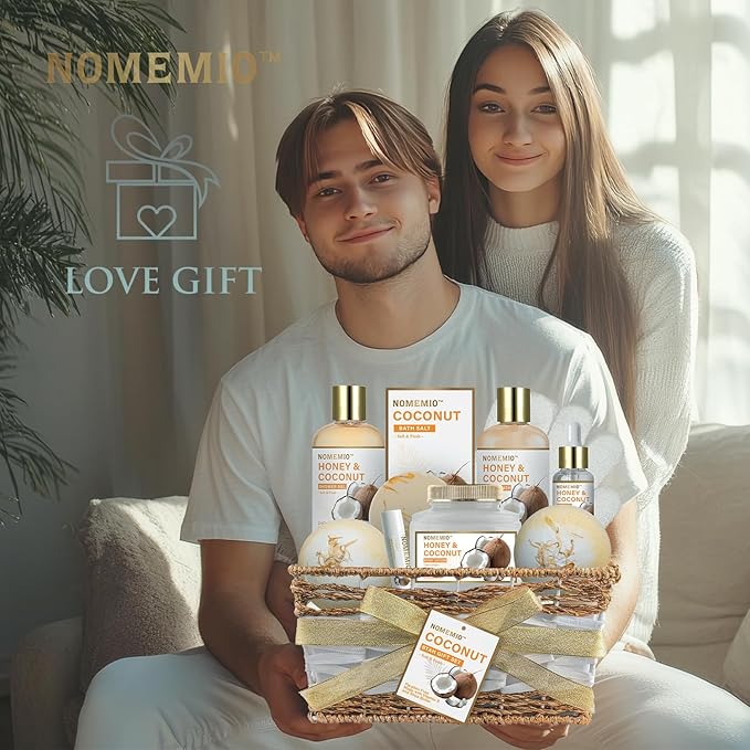 Spa Gift Basket for Women, 11pcs Honey & Coconut Luxury Bath Gift Set, Spa Kit with Shower Gel, Bubble Bath, Bath Bombs , Christmas Gifts for Her, Women, Mom Birthday