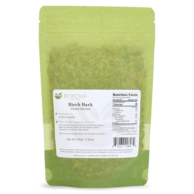 Biokoma Pure and Natural Birch Bark Dried Cut 100g (3.55oz) In Resealable Moisture Proof Pouch - Herbal Tea, No Additives, No Preservatives, Kosher