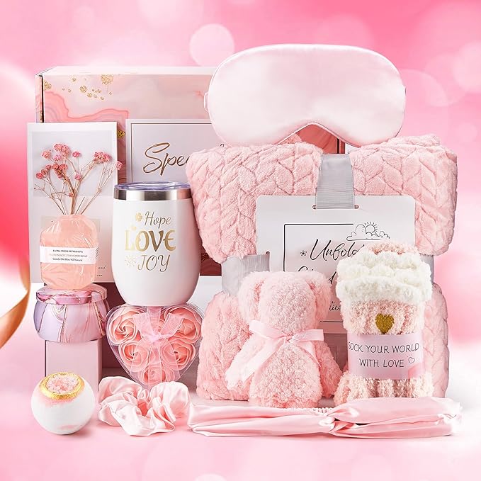 Birthday Gifts for Women - Luxury Self Care Gift Basket for Her, Mom, Sister, Bestied Coworker - Unique Spa Care Package with Flannel Blanket - Ideal for Mother's Day, Get Well Soon
