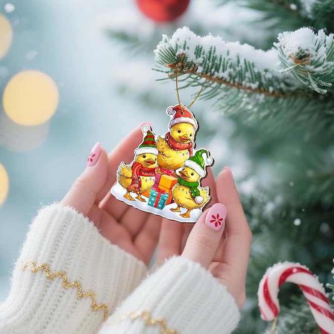 Family Duck Christmas Ornament for Christmas Tree, 2-Side Printed Flat Wooden Ornament, Farmhouse Christmas Decor, Farm Animal Gifts for Christmas Women