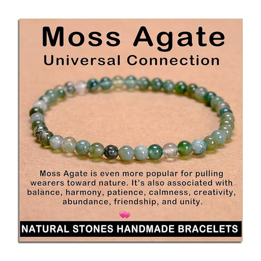 AD Beads Handmade Gemstone Stretch Elastic Bracelet Crystal Healing Reiki Nature's Beauty and Spiritual Essence Unisex (4mm, Moss Agate (Universal Connection))