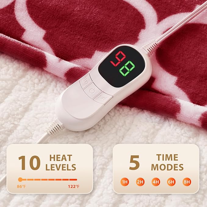Homemate Heated Blanket Electric Throw - 50“x60“ Heating Blanket with 10 Fast Heat Levels 8 Hours Auto Off Soft Cozy Flannel Over-Heated Protection ETL Certification Keep Warming in Home