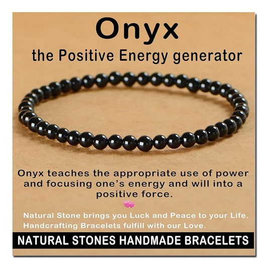 AD Beads Handmade Gemstone Stretch Elastic Bracelet Crystal Healing Reiki Nature's Beauty and Spiritual Essence Unisex (4mm, Black Onyx)