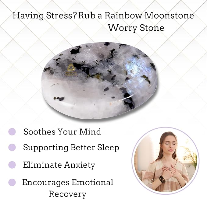 Rainbow Moonstone Worry Stones – Crystal Thumb Worry Stone for Anguish, Stress – Relaxing and Soothing Balance Stones for Meditation, Stress Relief – Healing Stones and Crystals for Men and Women
