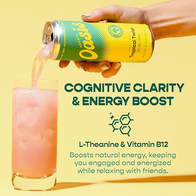 Herbal Oasis Tropical Twist 4-Pack - Mood-Boosting Mushroom Social Tonic, with Lion’s Mane, L-Theanine & Vitamin B12 - Low Calorie Vegan Drink, Non-Alcoholic for Mindfulness & Balance, 12 fl oz