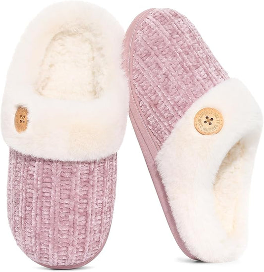 Evshine Warm Knit House Slippers for Women Comfy Wool-Like Lined Chenille Slippers with Memory Foam and Indoor Outdoor Soles