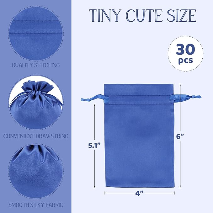 Blue Satin Bags with Drawstring, 30Pcs 4x6 Small Gift Bags, For Kids Classroom, Wedding, Birthday, or Halloween Party Favors, Jewelry, Bracelets, Earrings, Crystal, for Small Business