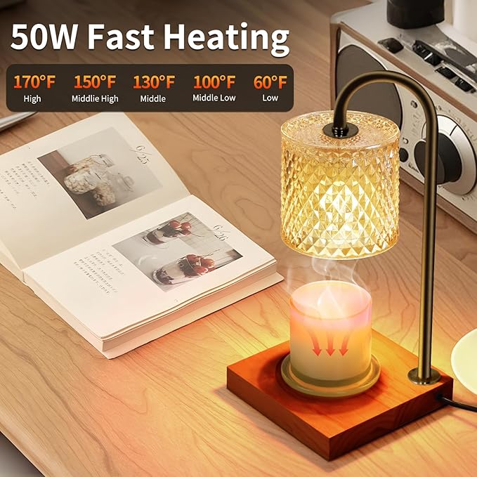 Candle Warmer Lamp, Candle Lamp Wax Warmer, Timer & Dimmer 7-Levels, Fits Cup Jar Candle, Top Melting, Crystal Heater Lamp for Scented Wax, Elegant Home Decor, Amber & Brown