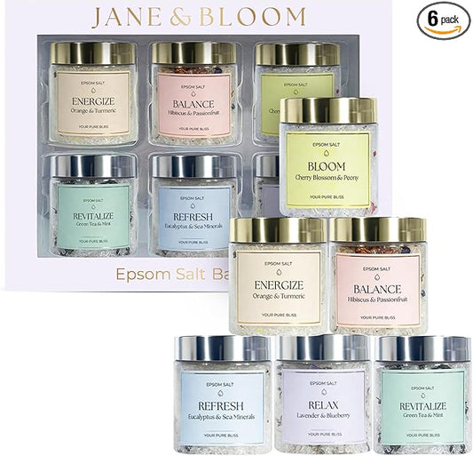 Epsom Salt Bath Gift Set – 6 Aromatherapy Blends with Essential Oils – Bath & Body Gift Set for Women, Stress Relief, Self Care, Birthday Gifts – Jane & Bloom