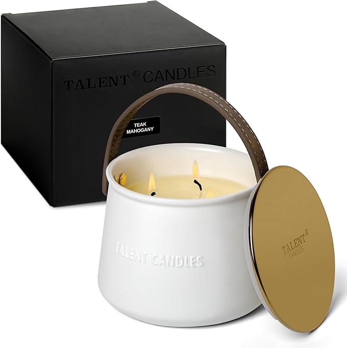 Candles for Home Scented - Scandinavian Style 3 Wick Candle - Long-Lasting Ceramic Candle Jar - Soy Candles Non Toxic with Minimalist Design - Teak Mahogany