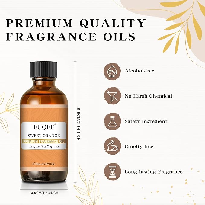 EUQEE Sweet Orange Fragrance Oil 60ml with Glass Dropper, Essential Oils for Diffusers, Candle & Soap Making, Home Scents, Bath Bombs (2.02 Fl oz)