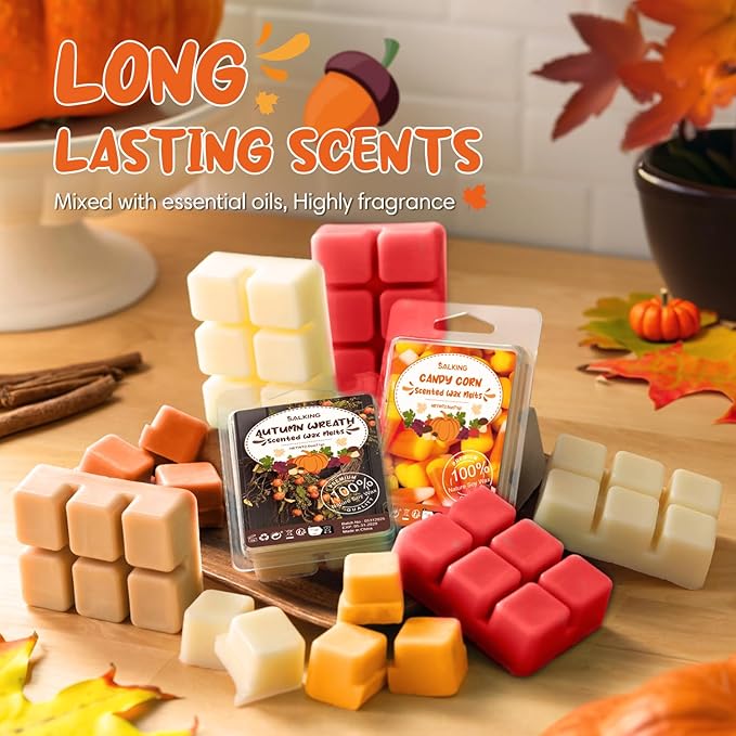 Autumn Scented Wax Melts, Fall Soy Wax Melts Gift Set, Wax Cubes/Tarts for Warmer - Pumpkin Spice, Caramel Apples, Candy Corn, Vanilla, Apple Cider, Cinnamon, Snickerdoodle, Autumn Wreath, 8x2.6 oz