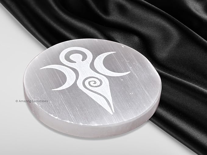 Amazing Gemstone Selenite Crystal Charging Plate For Crystals And Healing Stones, 3" Selenite Crystal Plate Engraved Goddess Angel Coaster For Home, Office Table Decor (Selenite Round Disc)