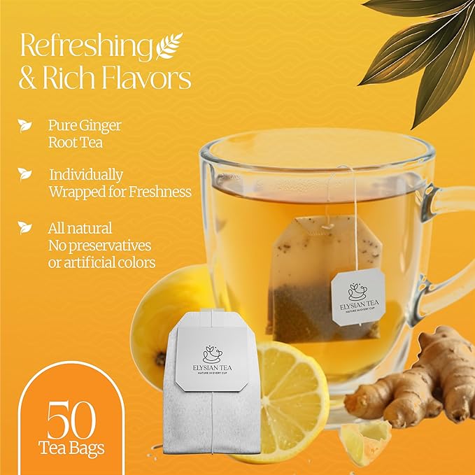 50 PACK Ginger-Turmeric Tea Bags – Individual Wrapped Tea Bags – All Natural Herbal Tea | Caffeine Free | No Preservatives, No Sugar – Great For All Seasons