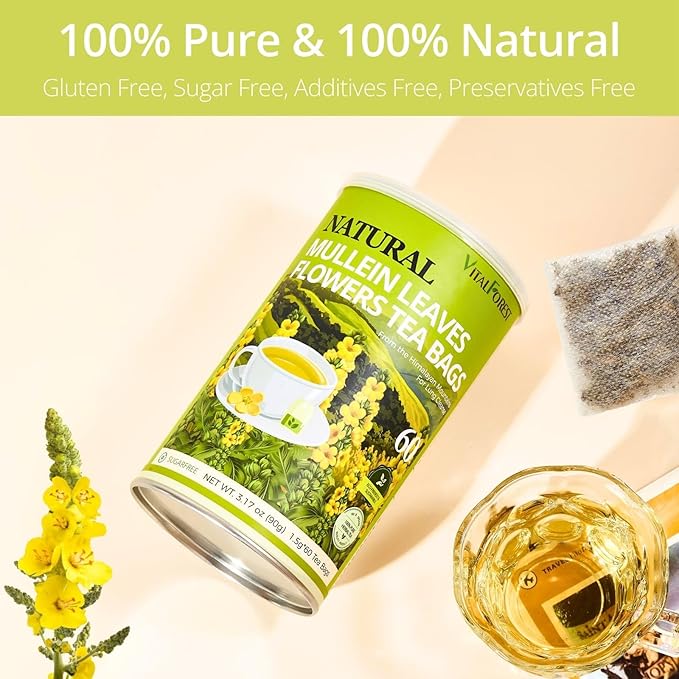 60 Mullein Leaf Tea Bags for Lungs, VitalForest 100% Pure Mullein Mullins Detox Tea, Lung Cleanse Tea for Smokers Breathe Deep and Respiratory Support, Caffeine Free Mullen Mullin