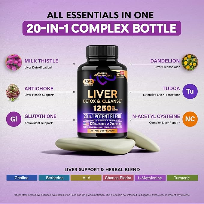 Liver Cleanse Detox & Repair - Milk Thistle | Dandelion | Artichoke | TUDCA | Glutathione & NAC - Effective Liver Health Supplement | 80% Silymarin - Laboratory Tested, Vegan - Made in USA 120 Caps