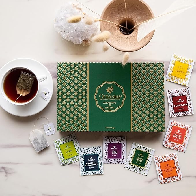 Octavius Tea Sampler Pack | 8 Assorted Black & Green Teas | 48 Teabags | Tea Sampler Variety Pack | Pack of 2 | Mothers Day Tea Gift Box