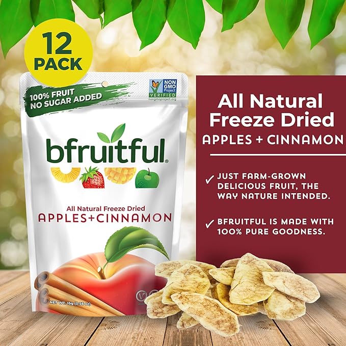 bfruitful Freeze-Dried Apple + Cinnamon, Freeze Dried Fresh Fruit Bites, Gluten Free, Vegan, Dairy Free, Kosher, No Sugar Added, Non GMO, Healthy Snacks, 0.56 oz Single-Serve Snack Packets, 12 Pack