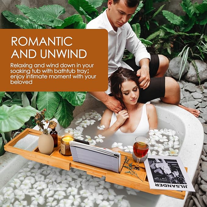 Foldable Bathtub Caddy Tray, Bamboo Bath Tub Tray Table for Tub with Wine Glass Holder Book Phone Tablet Holder with Extending Sides, Adjustable Bathroom Bathtub Free Soap Holder Gift Idea (Beige)