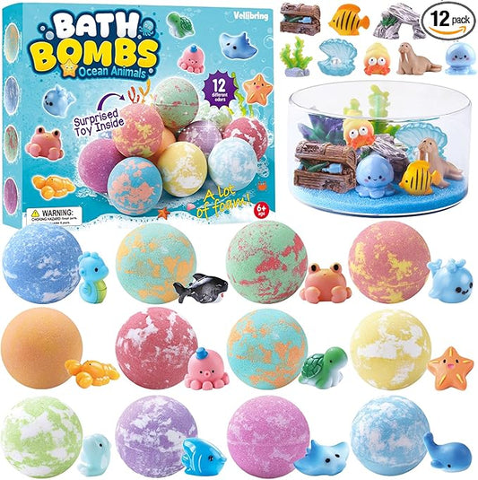 12Pack Ocean Animals Bath Bombs for Kids with Toys Surprised Inside, Organic Natural Bubble Bath Fizzy More Decorations for DIY Fish Tank Birthday Ideal Set for Girls Boys Toddlers