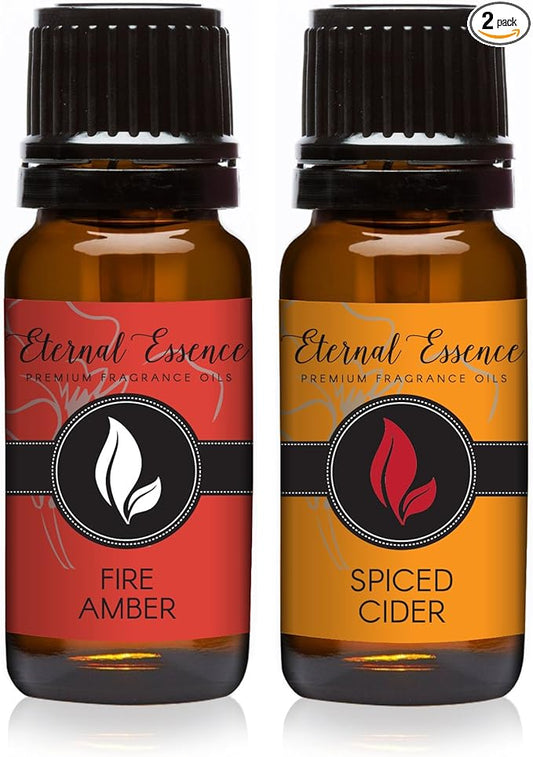 Eternal Essence Oils 2 Pack 10ml Premium Fragrance Oil - Fire Amber & Spiced Cider - for Candle, Soap Making, Aromatherapy, Diffusers, Home Care, & Humidifiers