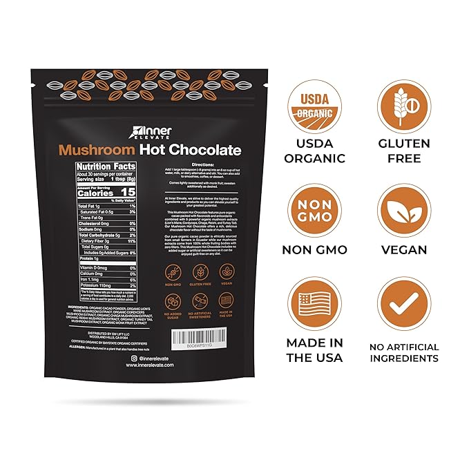 Inner Elevate Mushroom Hot Chocolate Superfood - Ceremonial Cacao with 5 Mushrooms (Lion's Mane, Cordyceps, Chaga, Reishi, Turkey Tail) - Great as a Coffee Alternative, Hot Chocolate, or Smoothie (30 Servings)