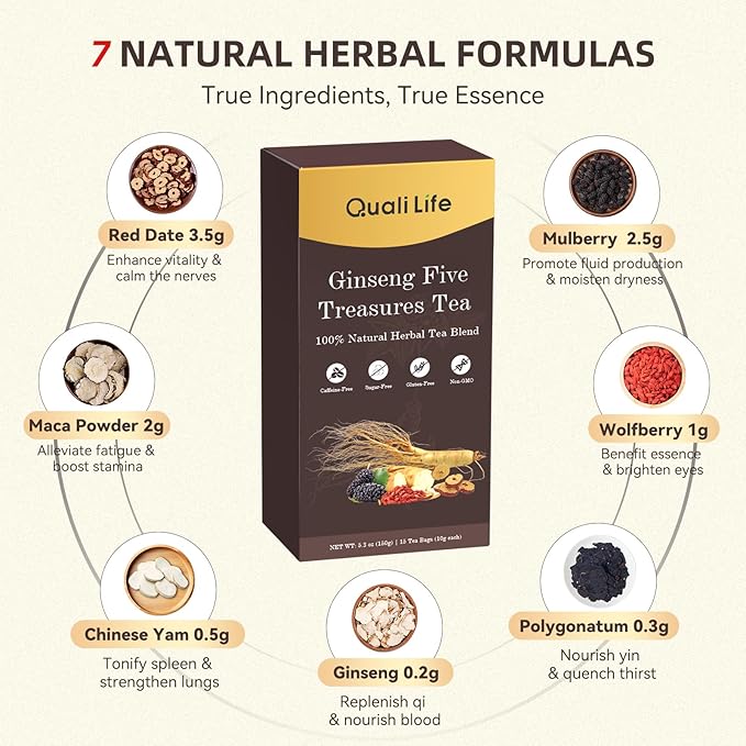 Ginseng Five Treasures Kidney Tea, Traditional Chinese Herbal TeaBags, Natural Kidney Cleanse Detox Tea for Women & Men, 7 Precious Ingredients Formula Chinese Herbal Tea (2 Packs, Ginseng)