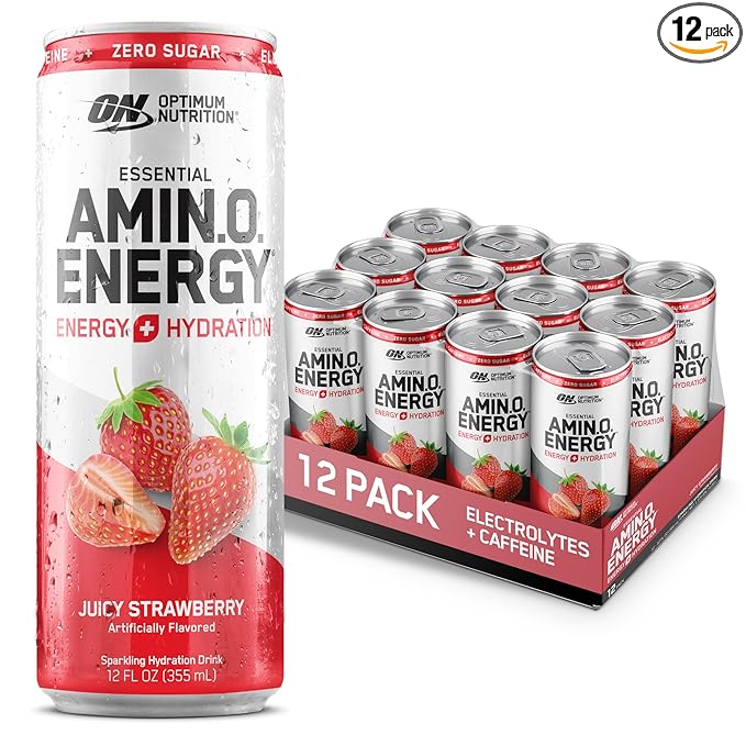 Optimum Nutrition Amino Energy Sparkling Hydration Drink, Electrolytes, Caffeine, Amino Acids, BCAAs, Sugar Free, Juicy Strawberry, 12 Fl Oz, 12 Pack (Packaging May Vary)