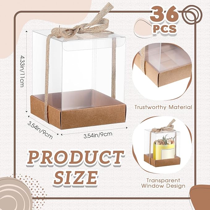 Cunno 36 Set 3.5 x 3.5 x 4.3 in Candle Package Transparent Gift Box 4-18 oz Handmade Tealight Candle Holder Bulk Paper Bottom Ribbon for Wedding Baby Shower Party Mug Cake Wine Glasses(Kraft Color)