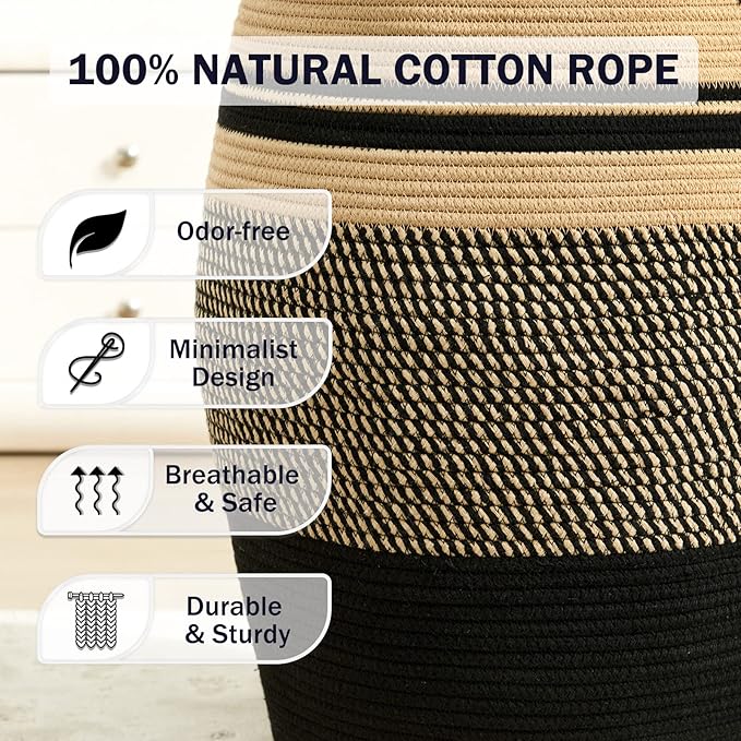 Fiona's magic 105L Extra Large Laundry Hamper Basket, Woven Tall Clothes Hamper for Storage Blanket, Toys and Dirty Cothes in Bedroom and Living Room Organizer, Brown & Black