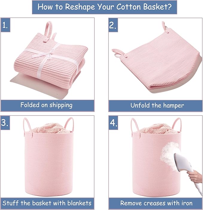 15Dx20H inches Large Pink Hamper Laundry Basket for Baby Kids Woven Rope Nursery Hamper for Girls Room Bedroom Kawaii Laundry Bin 60L Capacity