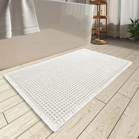 AMOAMI Upgraded Waffle Bath Mat, Super Absorbent Non Slip Bath Mats for Bathroom Floor, Machine Washable Boho Bathroom Rugs with Tassels, Rubber Backed Bathroom Mats, Ultra Soft, 18" x 30"