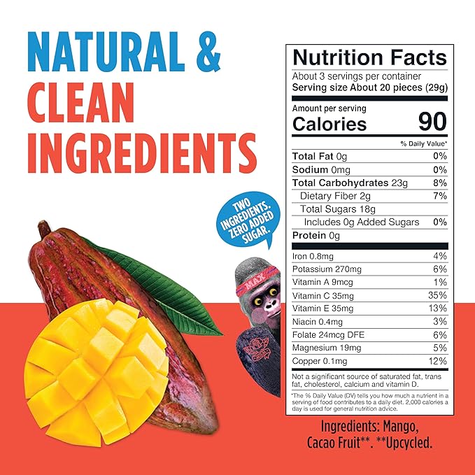 Blue Stripes Cacao Superfruit Gummies - Vegan Chewy Fruity Snack, No Sugar Added 100% Fruit Gummy, 9 Essential Vitamins & Minerals, Natural Tropical Superfood - Mango & Cacao, 3.2 oz (2 Pack)