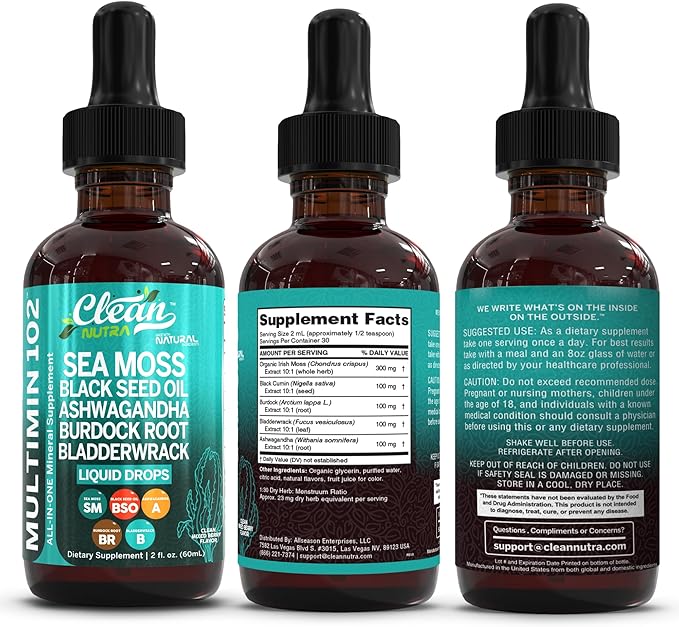 Clean Nutraceuticals Sea Moss Drops Supplement Liquid with Black Seed Oil Ashwagandha Burdock Root & Bladderwrack - Multimineral Organic Non-GMO Vegan for Gut Heath Skin Immune Support Hair (2)