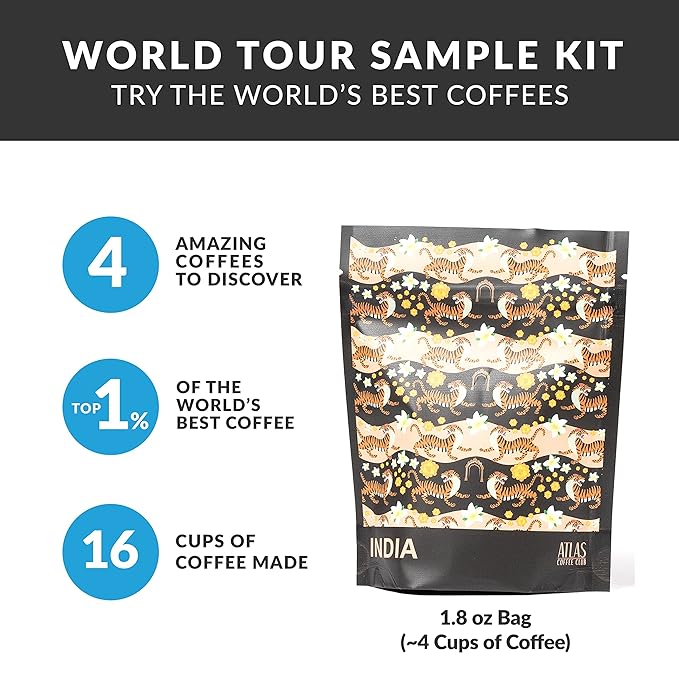 Atlas Coffee Club World of Coffee Set, Gourmet Coffee Gift Sampler, 4-Pack Variety Box of the World’s Best Single Origin Coffees, Whole Bean