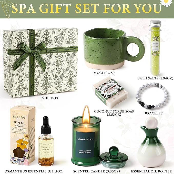 Golray Spa Gifts for Women Self Care Get Well Soon Basket Set with Mug, Thinking of You Relaxing Spa Christmas Birthday Gift for Mom Her Wife Sister Friend Grandma (Green)
