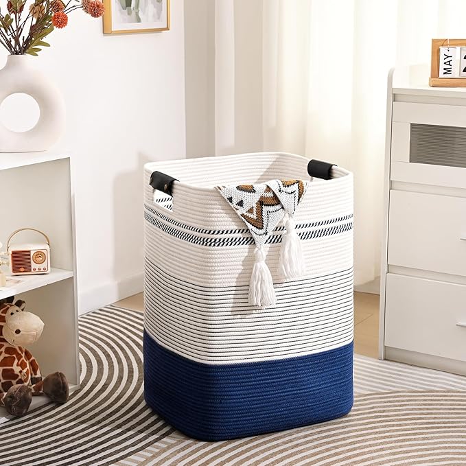 Laundry Hamper, 95L Tall Laundry Basket with Leather Handles, Rectangle Large Clothes Hamper for Organizing, Cotton Woven Laundry Baskets Storage Hampers for Bedroom, Nursery, Living Room