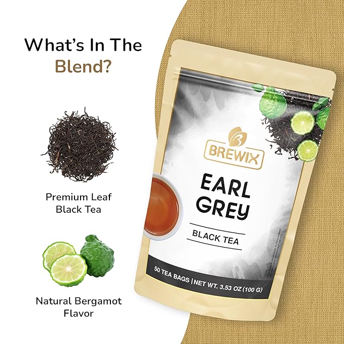 BREWIX, Earl Grey Black Tea Bags (50 Pyramid Bags) Bold & Aromatic Tea with Bergamot | Gluten Free, Energizing & Caffeinated | Sugar-Free, High Caffeine | Gourmet Tea