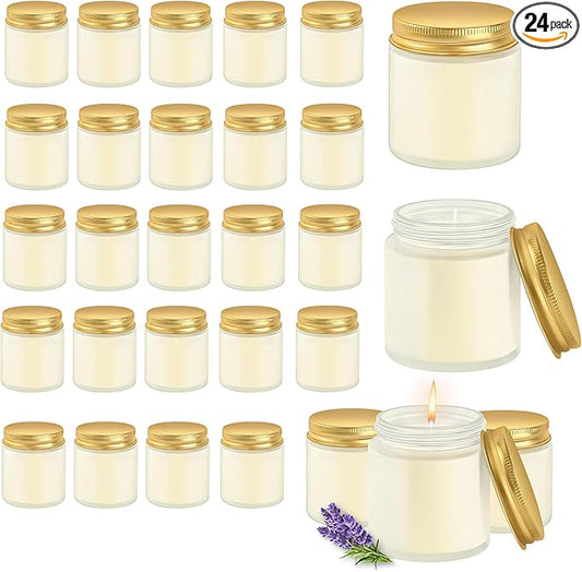 24 Pcs 4 Oz Mason Jar Candles, Lavender Scented Soy Candles Bulk Set for Stress Relief and Relaxation, Great Favors for Wedding, Christmas, Housewarming Gifts (Gold,Frosted Glass-Lavender, 24)