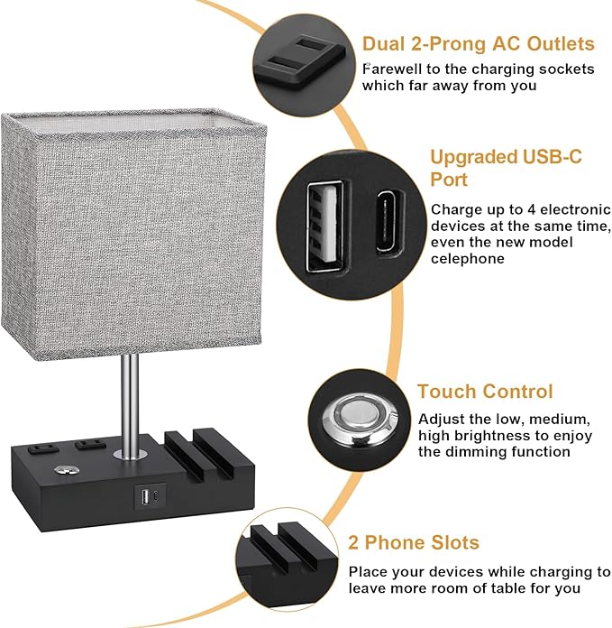 Kakanuo Nightstand Lamp for Bedroom with Dual USB Ports, Grey Touch Control Bedside Table Lamp with Charging Outlets and Phone Stands, 3-Way Dimmable Desk Lamp for Living Room, LED Bulb Included