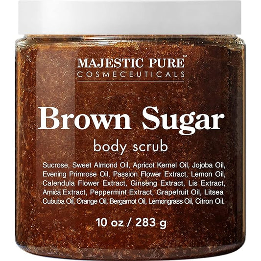 MAJESTIC PURE Brown Sugar Body Scrub for Cellulite and Exfoliation - Natural Body Scrub - Reduces The Appearances of Cellulite, Stretch Marks, Acne, and Varicose Veins, 10 Ounces