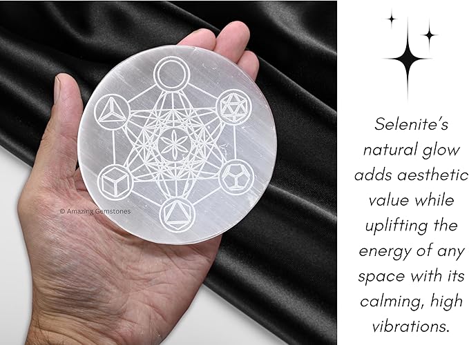 Amazing Gemstone Selenite Crystal Charging Plate For Crystals And Healing Stones, 3" Selenite Crystal Plate Engraved Metatron Platonic Solid Coaster For Home, Office Table Decor (Selenite Round Disc)