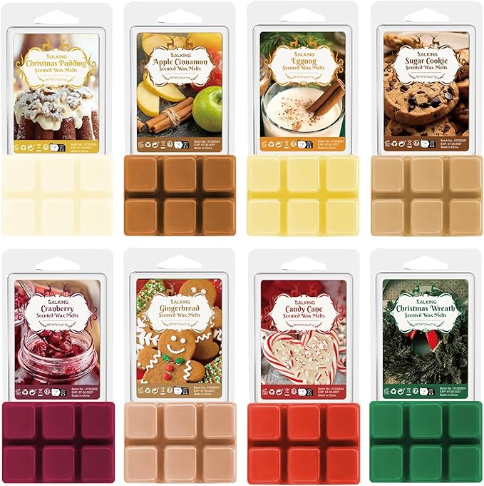 SALKING Christmas Scented Wax Melts, Soy Wax Melts Gift Set, Wax Cubes/Tarts for Warmer - Christmas Wreath, Apple Cinnamon, Gingerbread, Candy Cane, Eggnog, Christmas Pudding, Cranberry, Sugar Cookie